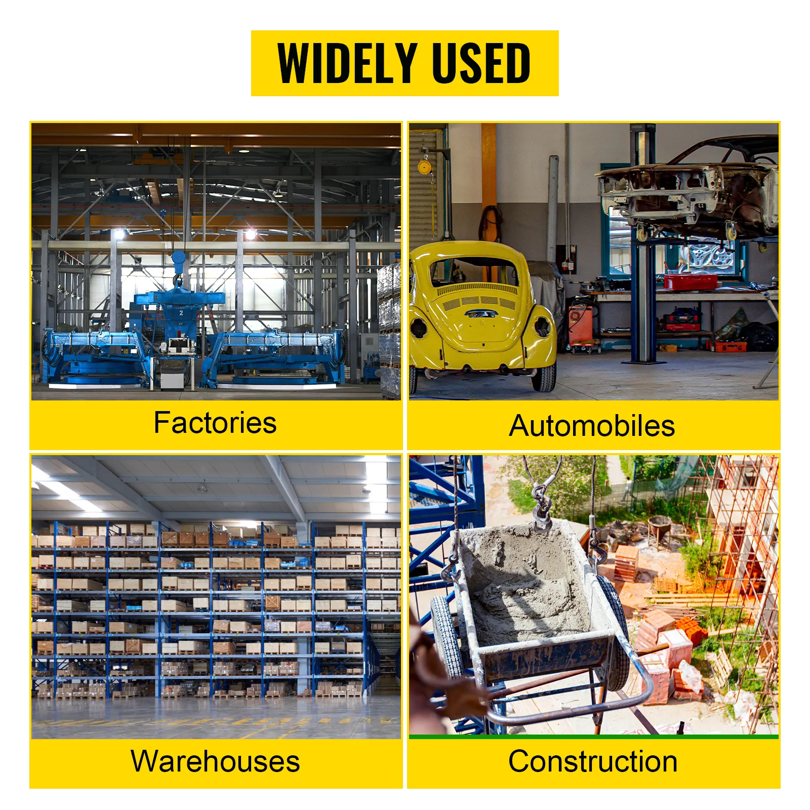 VEVOR electric chain hoist used in factories, automobiles, warehouses, construction.