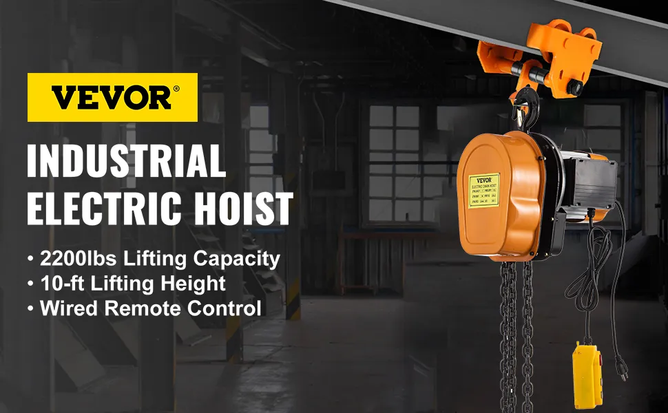 Polipasto eléctrico VEVOR con capacidad de elevación de 2200 libras y altura de 10 pies, control remoto con cable.