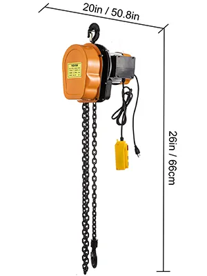 Polipasto eléctrico VEVOR con carcasa amarilla y cadenas negras, dimensiones etiquetadas: 20 pulgadas x 26 pulgadas.
