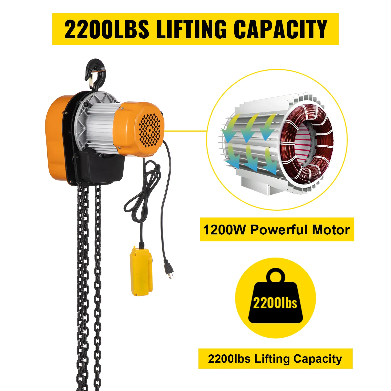 Polipasto eléctrico VEVOR con motor de 1200 W y capacidad de elevación de 2200 lb.