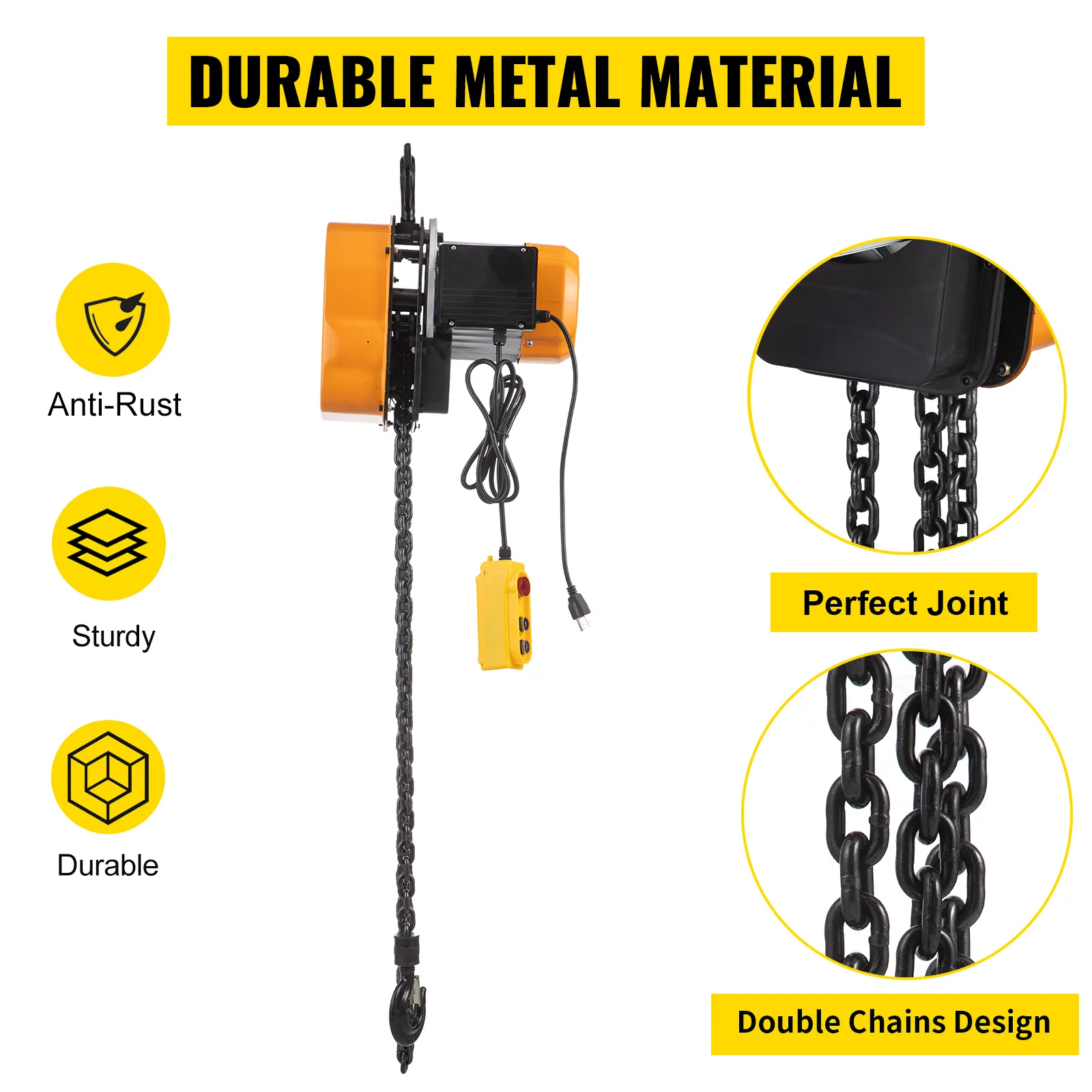 Polipasto eléctrico VEVOR con metal duradero, antioxidante, construcción robusta y diseño de cadenas dobles.