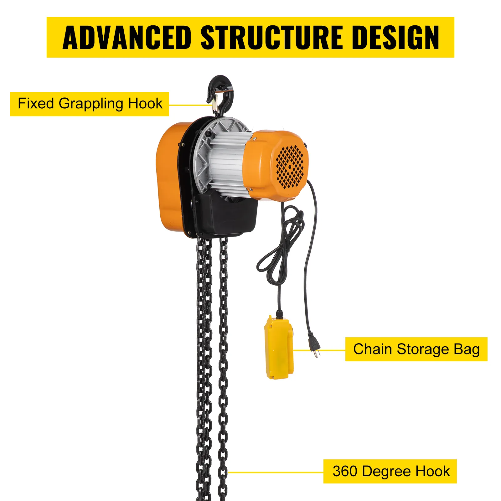 Polipasto eléctrico VEVOR con gancho de agarre fijo y gancho de 360 grados. Almacenamiento de cadena incluido.