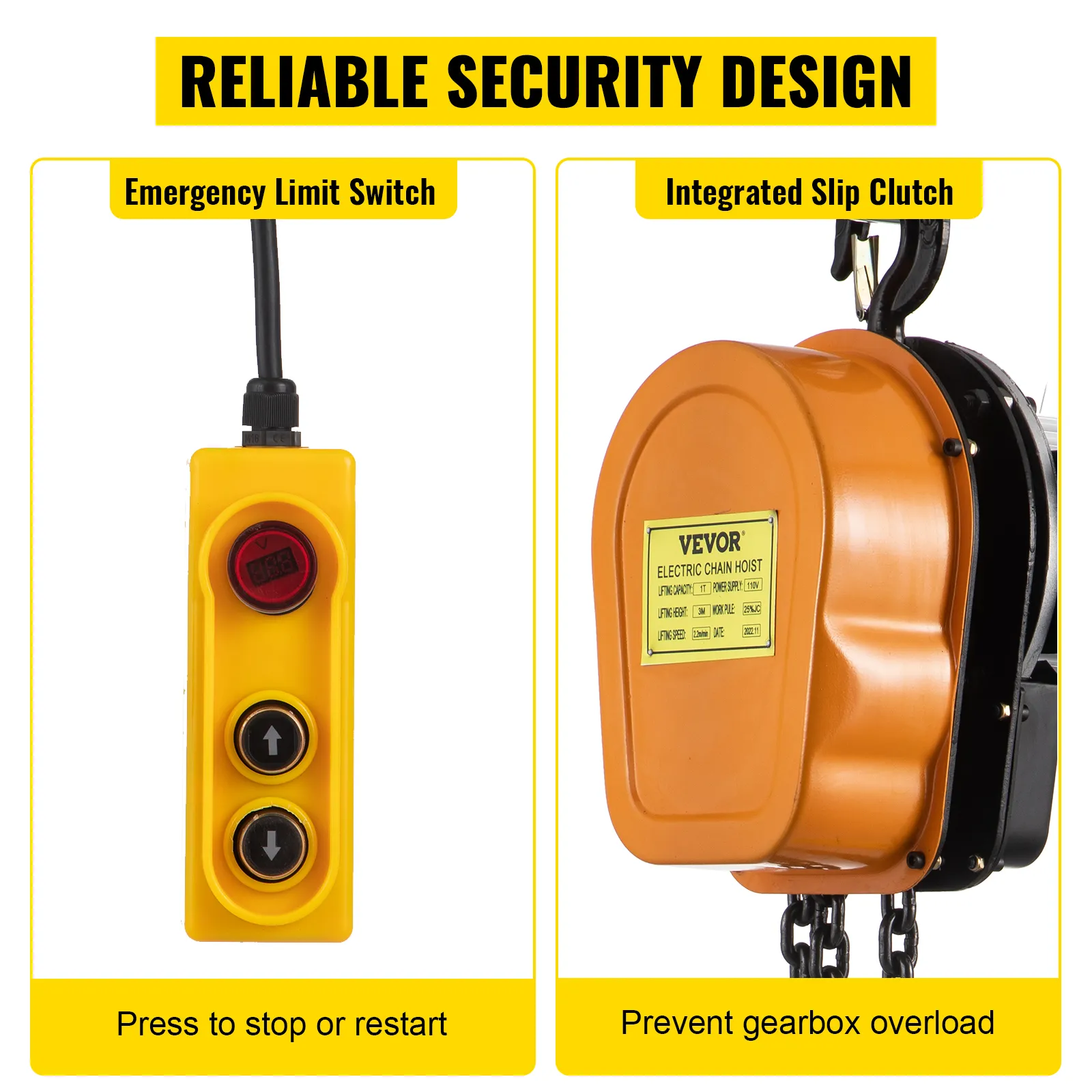 El polipasto eléctrico VEVOR cuenta con interruptor de límite de emergencia y embrague deslizante integrado.