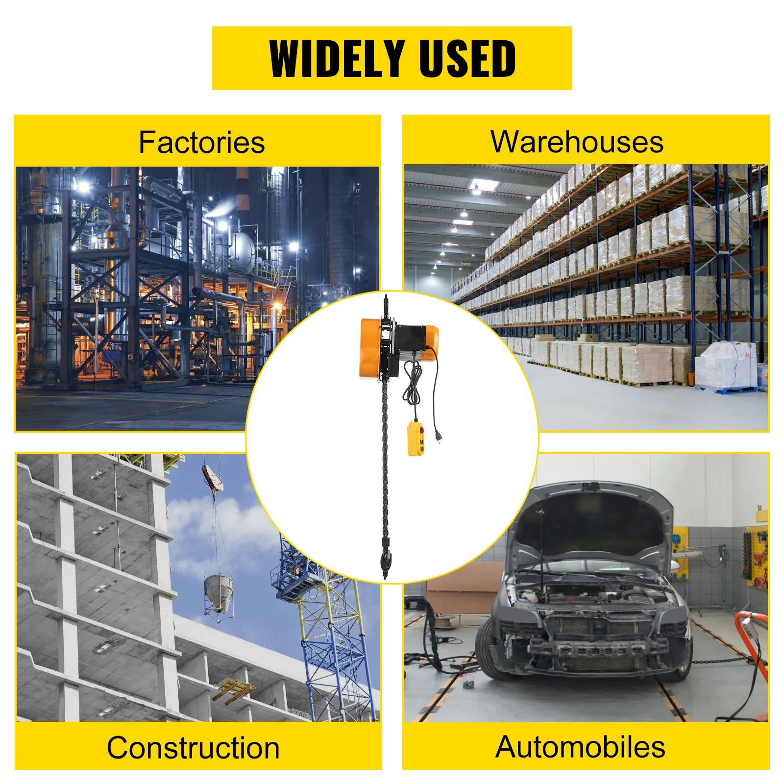 Polipasto eléctrico VEVOR utilizado en fábricas, almacenes, construcción y automóviles.