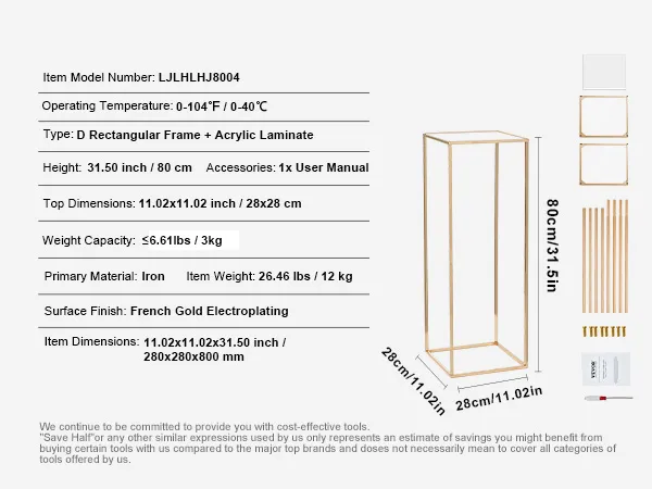VEVOR wedding flower stand with iron frame and acrylic laminate, gold electroplating, 31.5-inch height