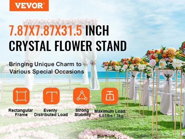 VEVOR wedding flower stand on a grassy aisle with elegant floral decorations by the ocean.