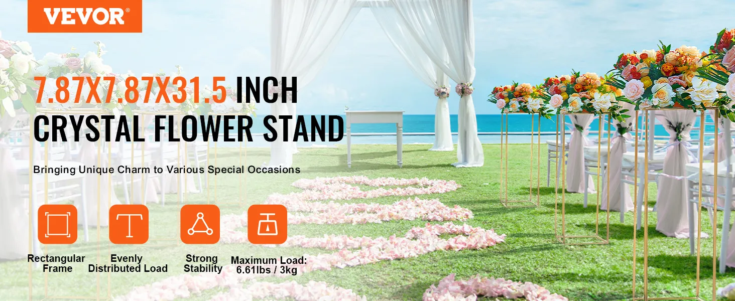 VEVOR wedding flower stand on a grassy aisle with elegant floral decorations by the ocean.