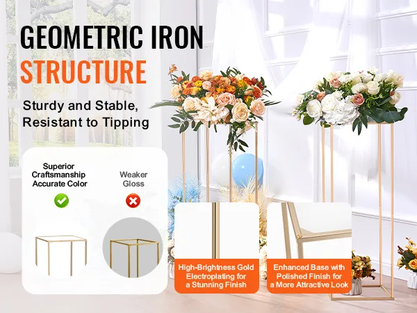 geometric iron structure with VEVOR wedding flower stand, featuring polished gold finish and floral arrangements.