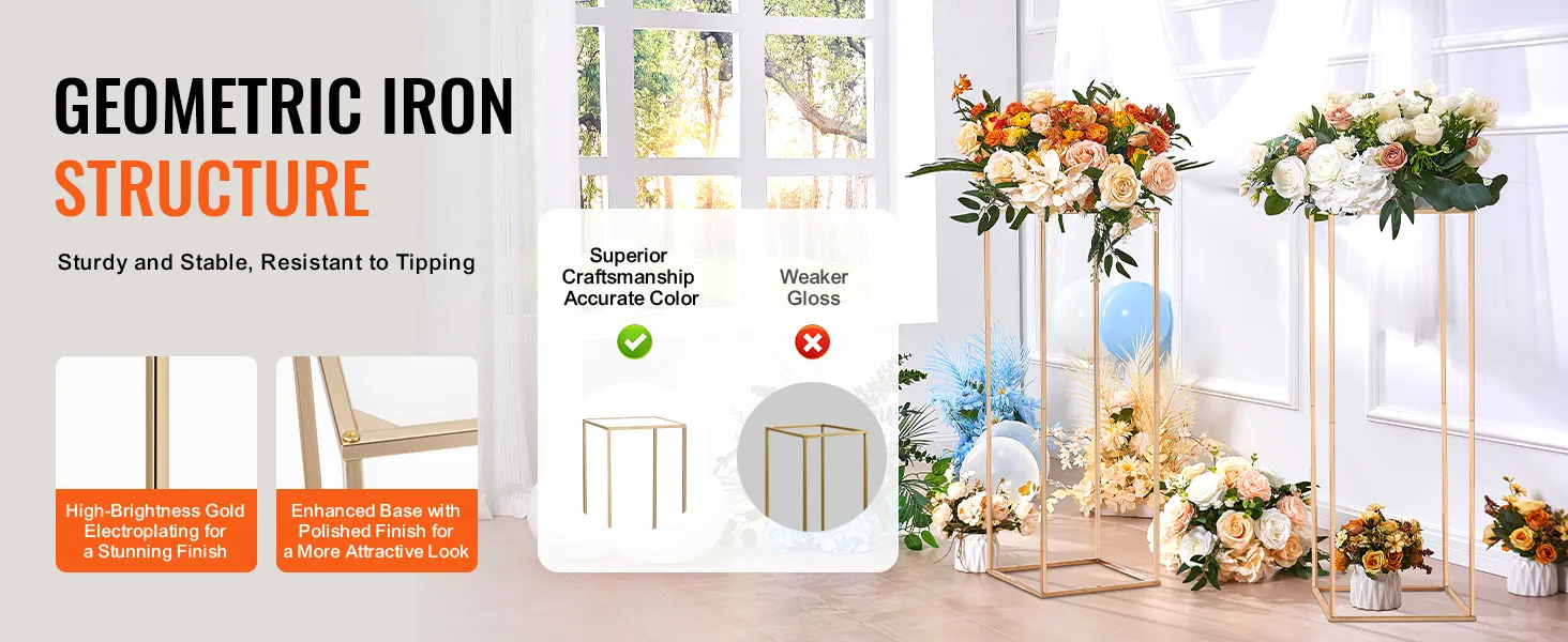 geometric iron structure with VEVOR wedding flower stand, featuring polished gold finish and floral arrangements.