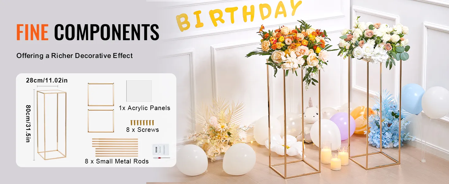 VEVOR wedding flower stand with floral arrangements, balloons, and candles for birthday decor.