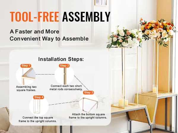 tool-free assembly guide for VEVOR wedding flower stand with floral arrangements and candle decor.