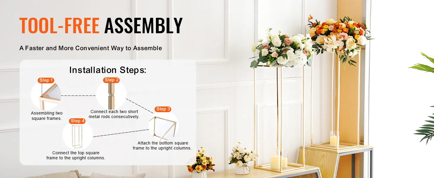 tool-free assembly guide for VEVOR wedding flower stand with floral arrangements and candle decor.