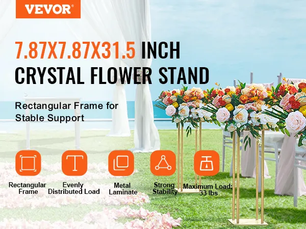 VEVOR wedding flower stand setup on a green lawn with a backdrop of flowers and a blue sky.