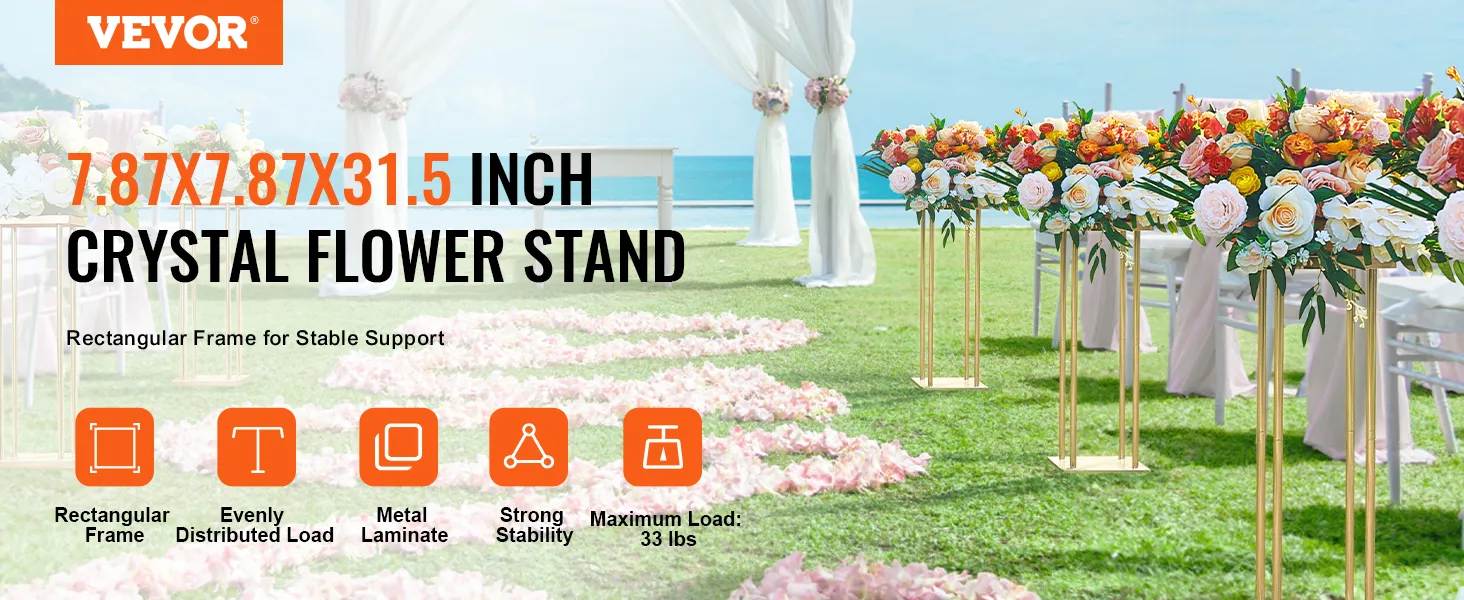 VEVOR wedding flower stand setup on a green lawn with a backdrop of flowers and a blue sky.
