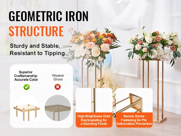 VEVOR wedding flower stand with geometric iron structure, gold electroplating, and floral arrangements.