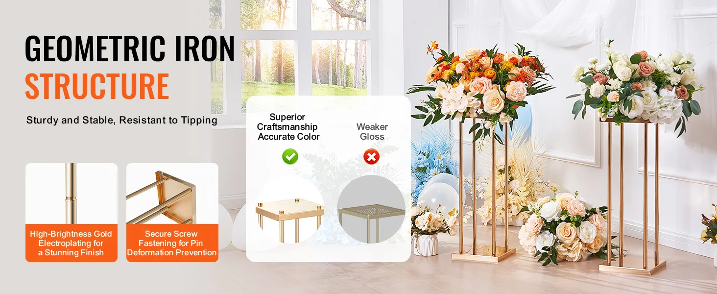 VEVOR wedding flower stand with geometric iron structure, gold electroplating, and floral arrangements.