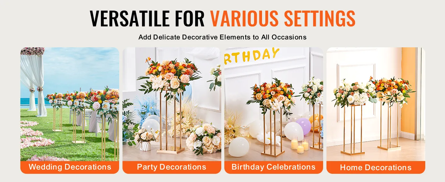 VEVOR wedding flower stand for versatile settings including weddings, parties, birthdays, and home decor.