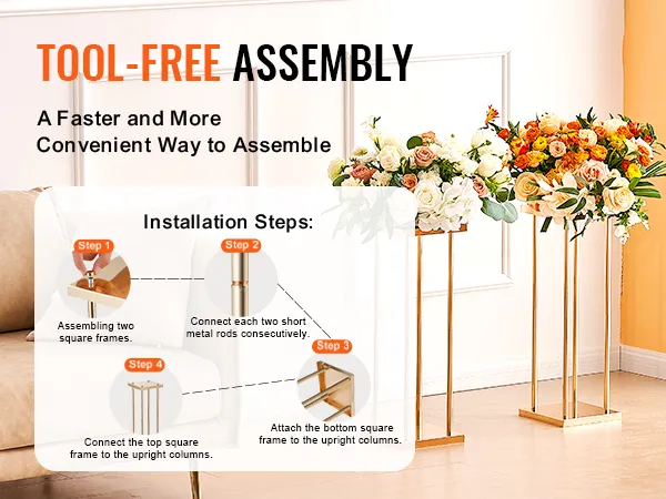 tool-free assembly for VEVOR wedding flower stand, showcasing two gold stands with floral arrangements.