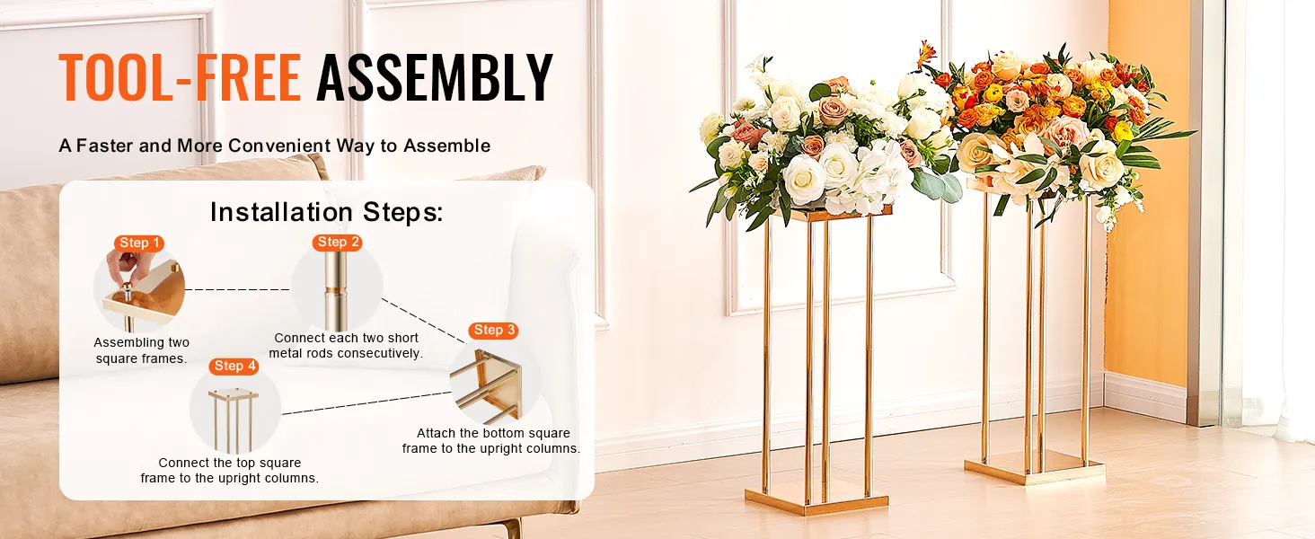 tool-free assembly for VEVOR wedding flower stand, showcasing two gold stands with floral arrangements.