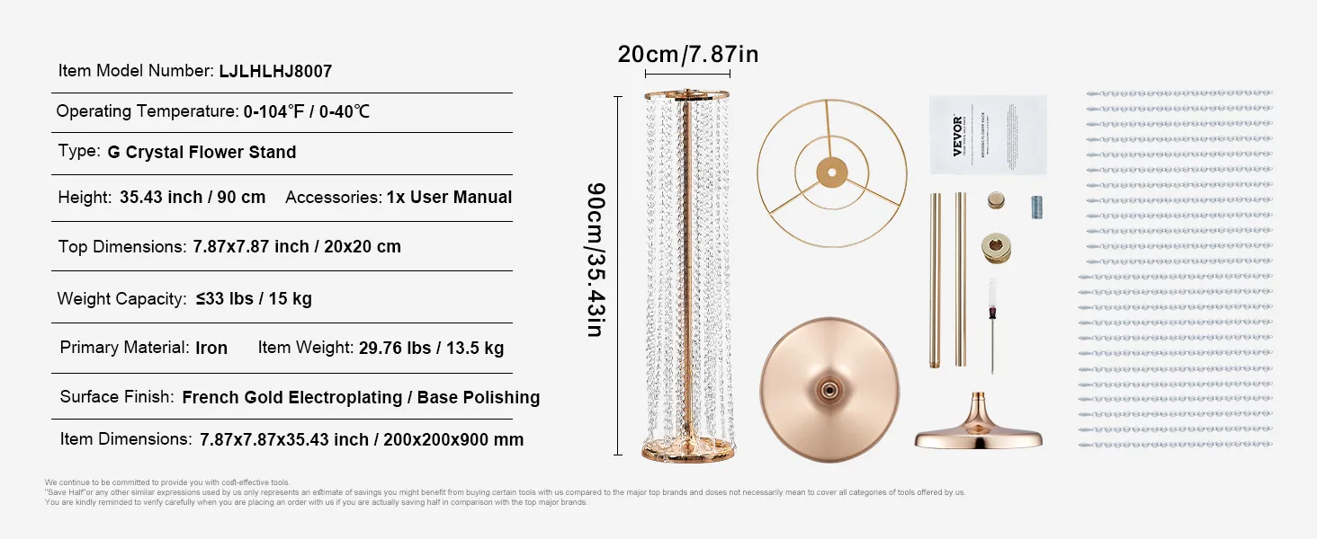 VEVOR-Blumenständer aus Kristall für Hochzeiten, 35,43 Zoll hoch, Material Eisen, Gold-Finish, Montageteile abgebildet.