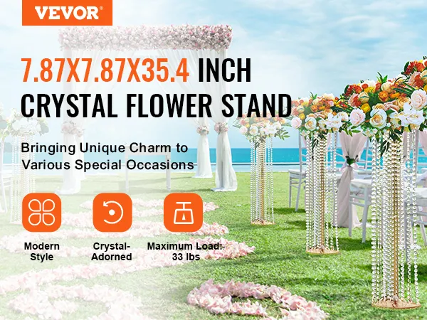 VEVOR-Hochzeitsblumenständer aus Kristall bei einer Zeremonie im Freien am Strand mit Blumendekorationen und weißen Vorhängen.