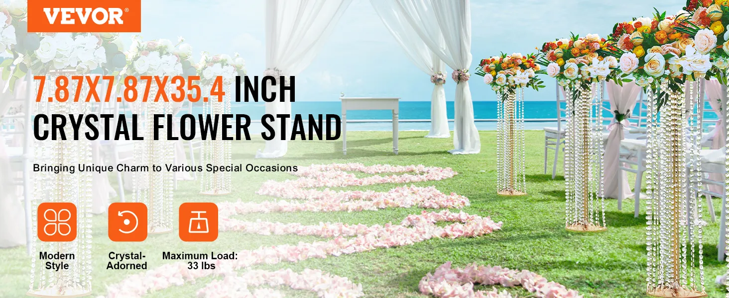VEVOR-Hochzeitsblumenständer aus Kristall bei einer Zeremonie im Freien am Strand mit Blumendekorationen und weißen Vorhängen.