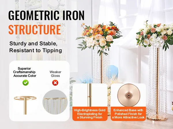 VEVOR-Blumenständer aus Kristall für Hochzeiten mit verstärktem Goldsockel, stabiler Eisenstruktur und Blumendekor.