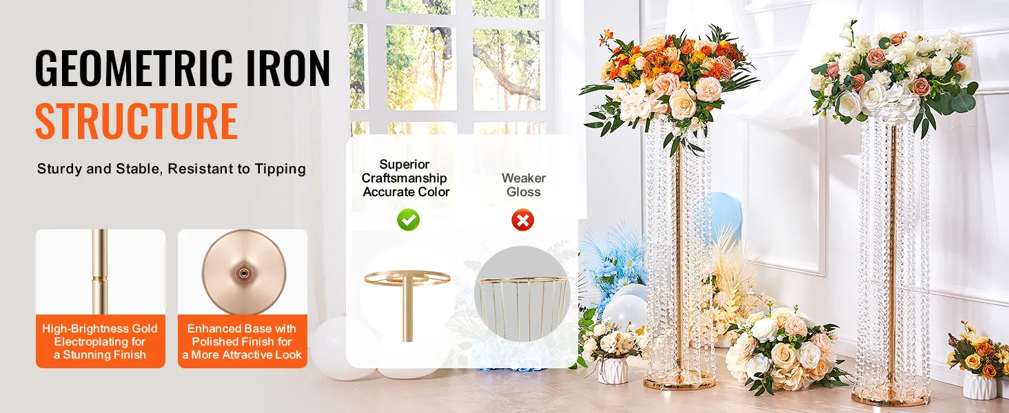 VEVOR-Blumenständer aus Kristall für Hochzeiten mit verstärktem Goldsockel, stabiler Eisenstruktur und Blumendekor.