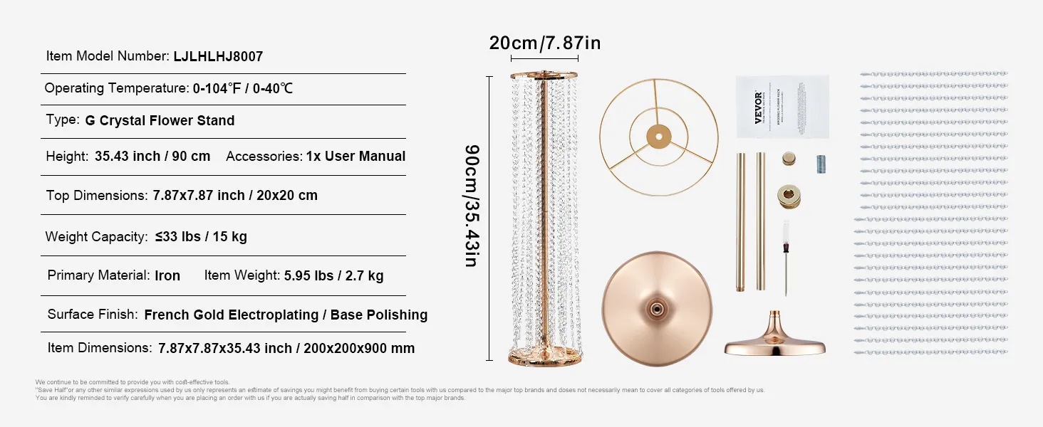 VEVOR crystal wedding flower stand with gold finish, 35.43 inches tall, includes assembly parts.