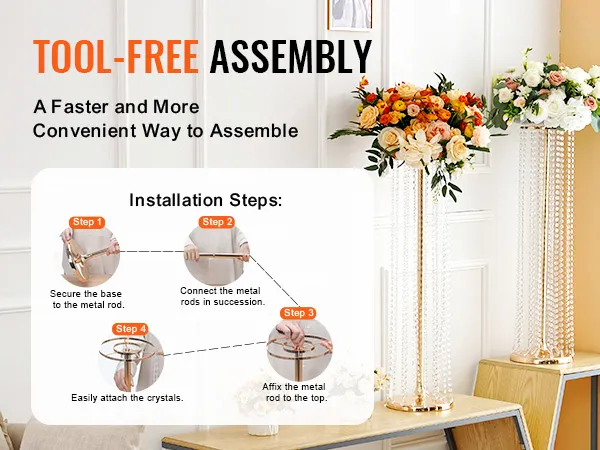 tool-free assembly guide for VEVOR crystal wedding flower stand with floral arrangements in elegant settings.