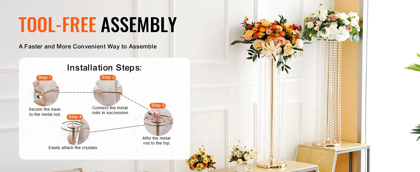 tool-free assembly guide for VEVOR crystal wedding flower stand with floral arrangements in elegant settings.