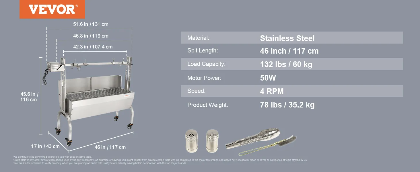 VEVOR-Drehspießgrill mit Edelstahlgehäuse, 46-Zoll-Spieß, 132 lbs Tragkraft und 50 W Motorleistung.