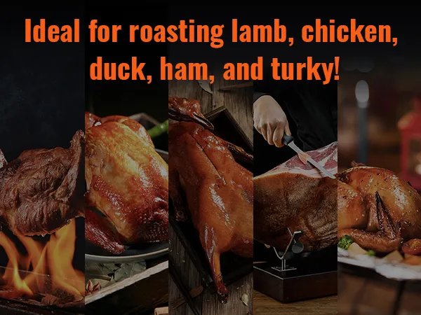 VEVOR-Drehspießgrill zum Braten von Lamm, Huhn, Ente, Schinken und Truthahn mit Flammen und Grillwerkzeugen.