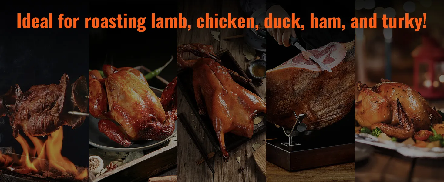 VEVOR-Drehspießgrill zum Braten von Lamm, Huhn, Ente, Schinken und Truthahn mit Flammen und Grillwerkzeugen.