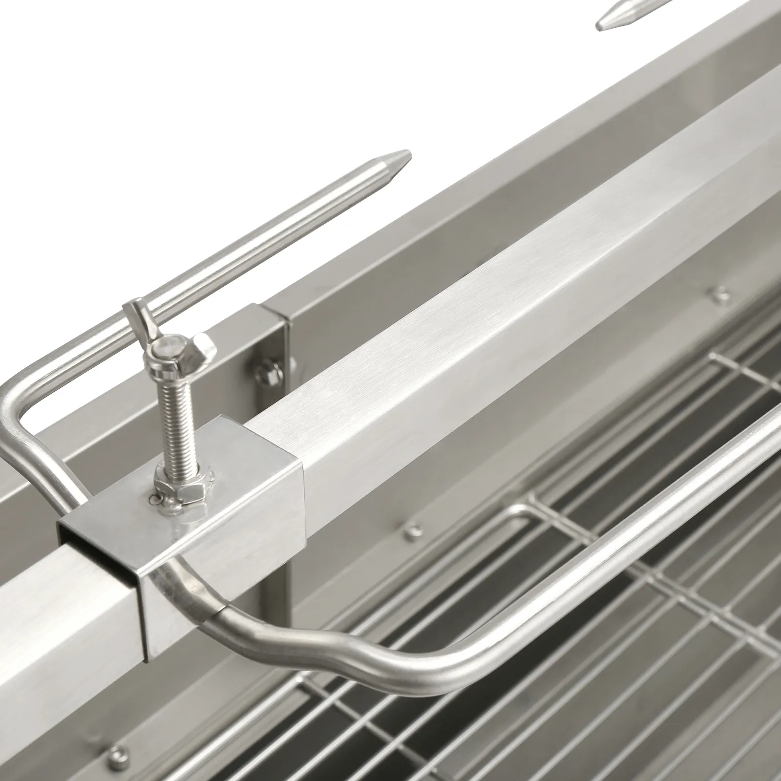 VEVOR Drehspießgrill-Edelstahlrahmen mit verstellbaren Klammern und Spießen.