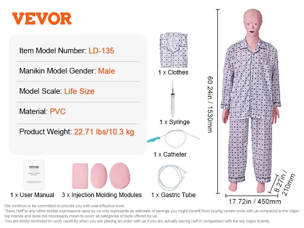 VEVOR nursing training manikin ld-135, male, life-size pvc, includes clothes, catheter, gastric tube, syringe.