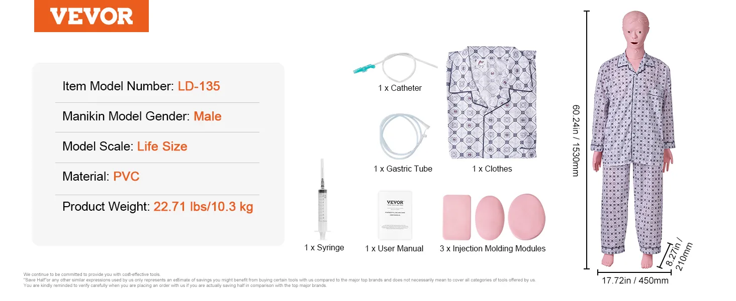 VEVOR nursing training manikin ld-135, male, life-size pvc, includes clothes, catheter, gastric tube, syringe.