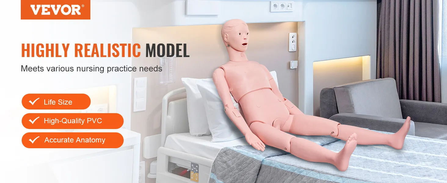 VEVOR nursing training manikin in a realistic hospital setting with accurate anatomy and high-quality pvc.