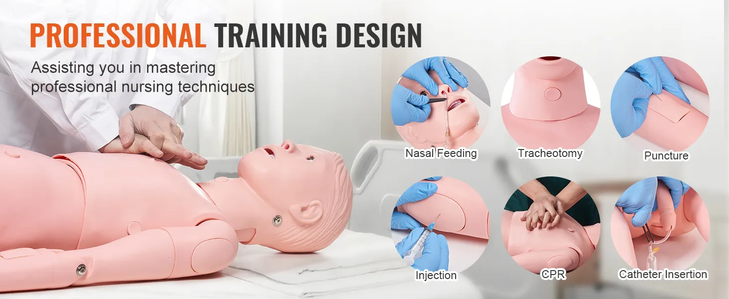 professional nursing techniques on a VEVOR nursing training manikin, including cpr, nasal feeding, and injections.