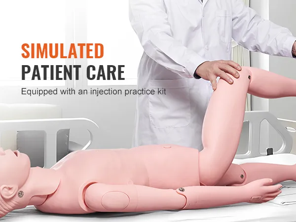 nurse demonstrating VEVOR nursing training manikin for simulated patient care on a hospital bed.