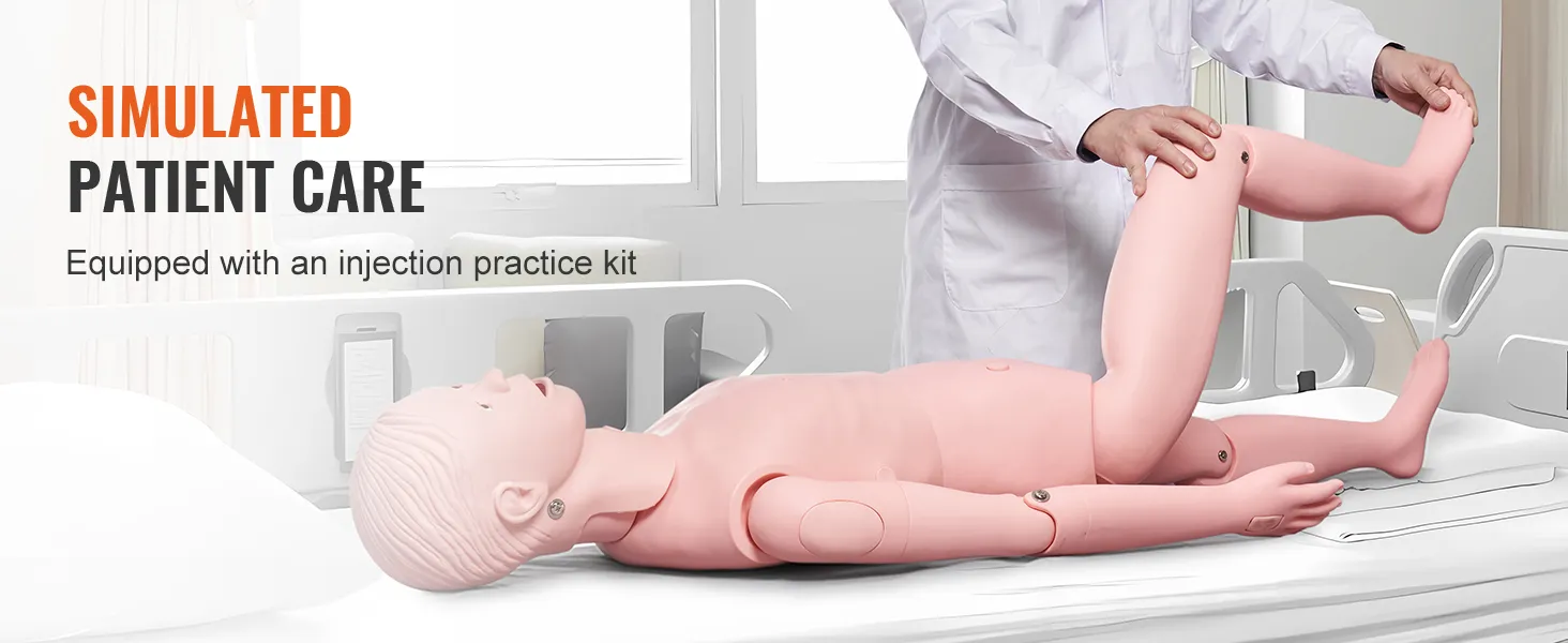 nurse demonstrating VEVOR nursing training manikin for simulated patient care on a hospital bed.