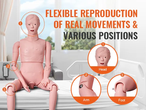 VEVOR nursing training manikin demonstrating flexible movements and various positions on a hospital bed.
