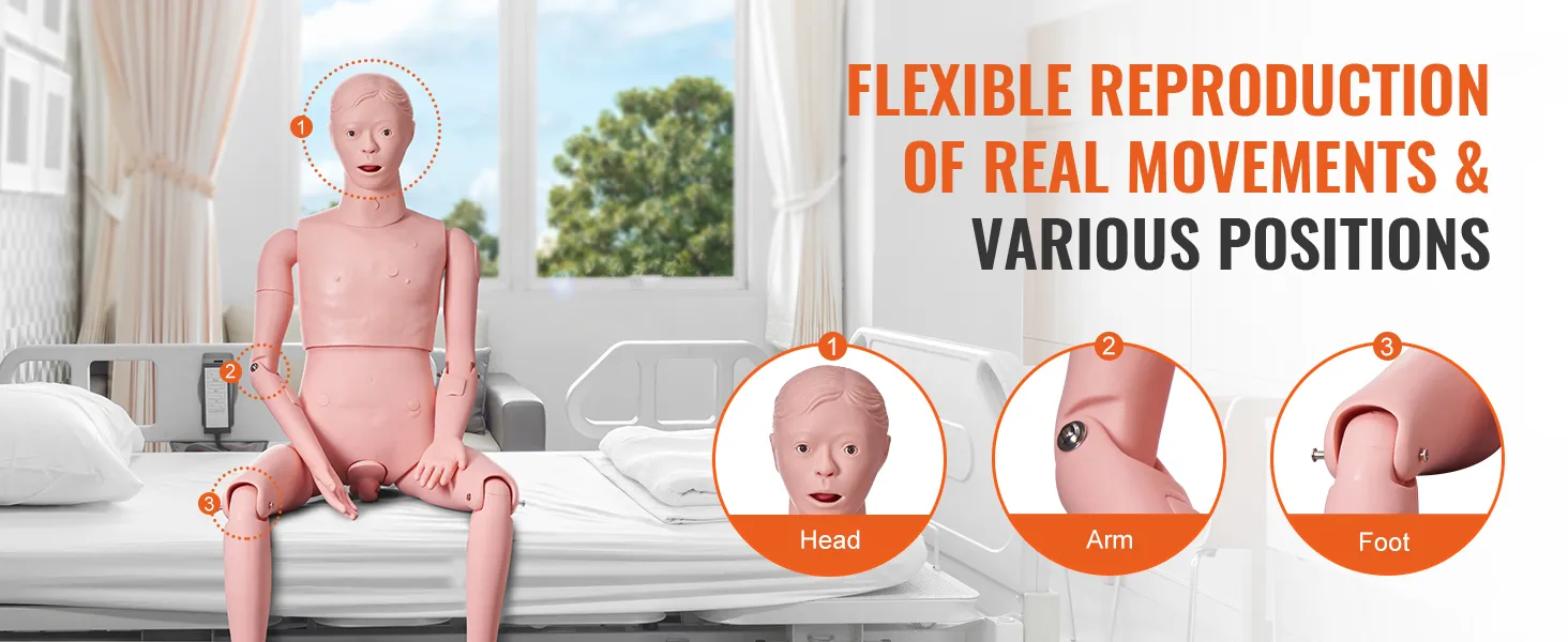 VEVOR nursing training manikin demonstrating flexible movements and various positions on a hospital bed.