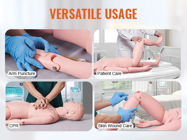 VEVOR nursing training manikin showcasing arm puncture, cpr, patient care, and skin wound care scenarios.