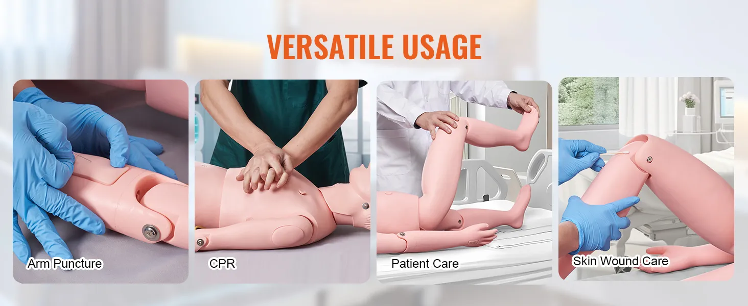 VEVOR nursing training manikin showcasing arm puncture, cpr, patient care, and skin wound care scenarios.