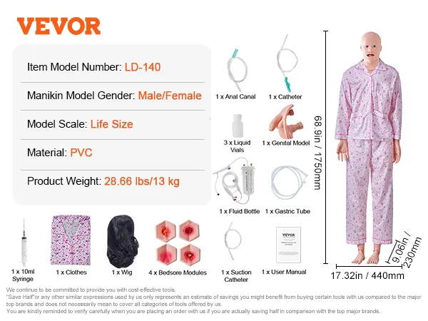 VEVOR nursing training manikin, ld-140, life-size, pvc material, with various accessories including catheter, syringe, and clothes.