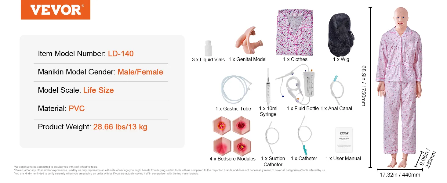 VEVOR nursing training manikin, ld-140, life-size, pvc material, with various accessories including catheter, syringe, and clothes.