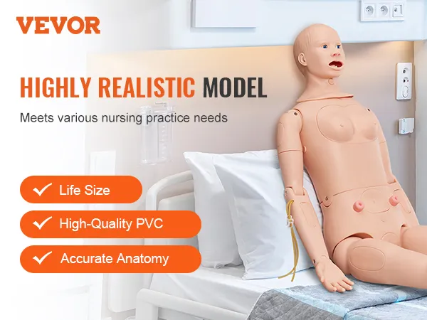 VEVOR nursing training manikin in a realistic hospital setting for lifelike practice with accurate anatomy.