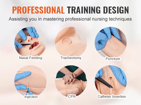 VEVOR nursing training manikin showcasing cpr, catheter insertion, nasal feeding, tracheotomy, and injection.