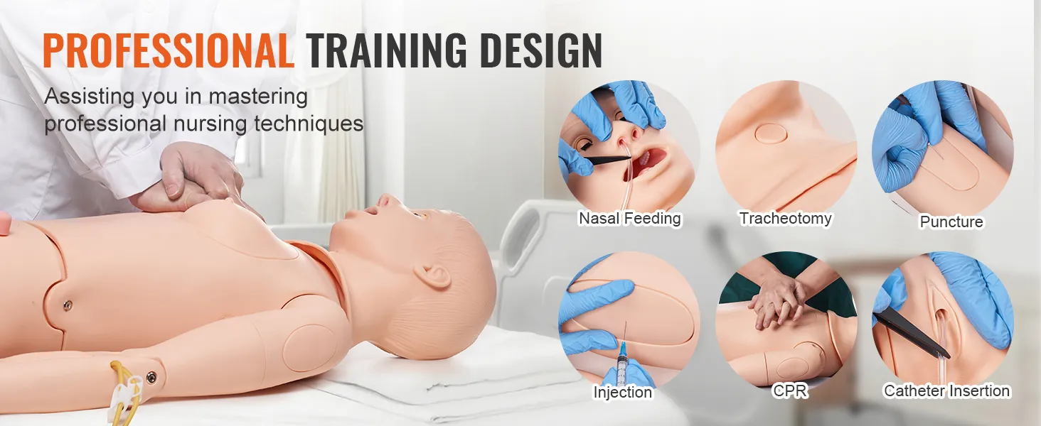 VEVOR nursing training manikin showcasing cpr, catheter insertion, nasal feeding, tracheotomy, and injection.